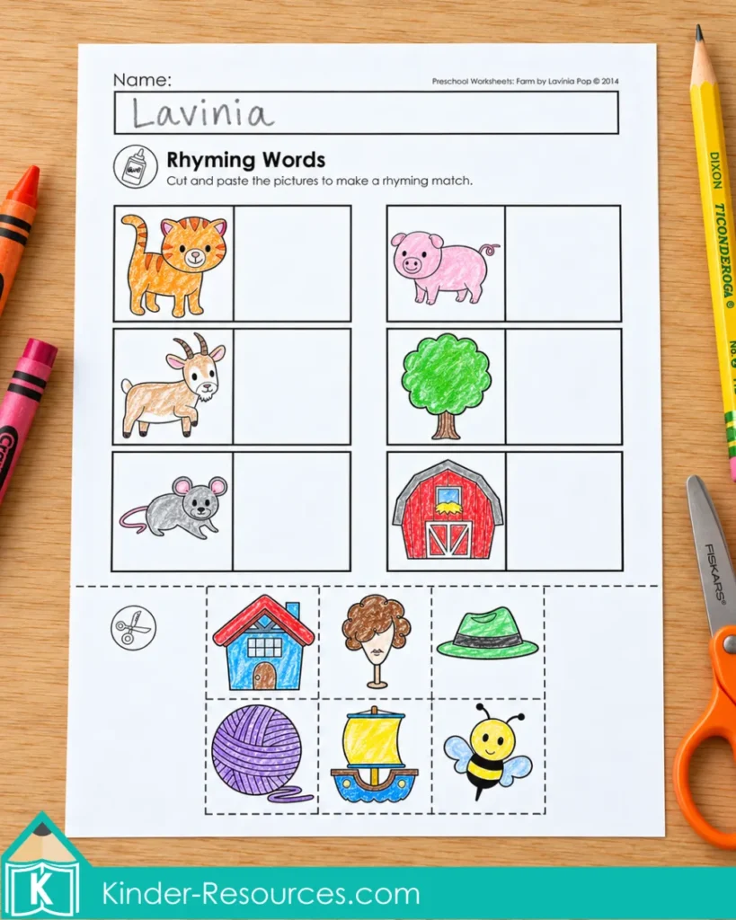 Farm Preschool Worksheets and Activities with cut-and-paste rhyming pictures for cat, pig, goat, tree, mouse and barn.