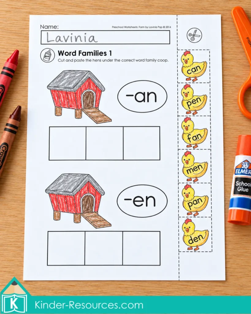 Farm Preschool Worksheets and Activities with hen word cards for can, fan, pan, pen, men and den beside two word family coops.