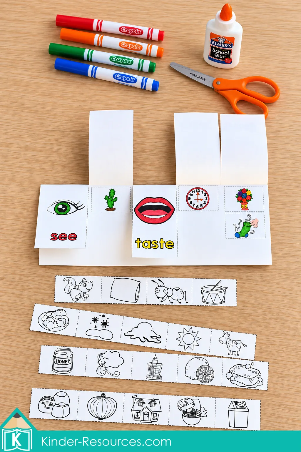 Flap book sorting activity from the 5 Senses Flip and Flap Book packet showing picture cards for see and taste