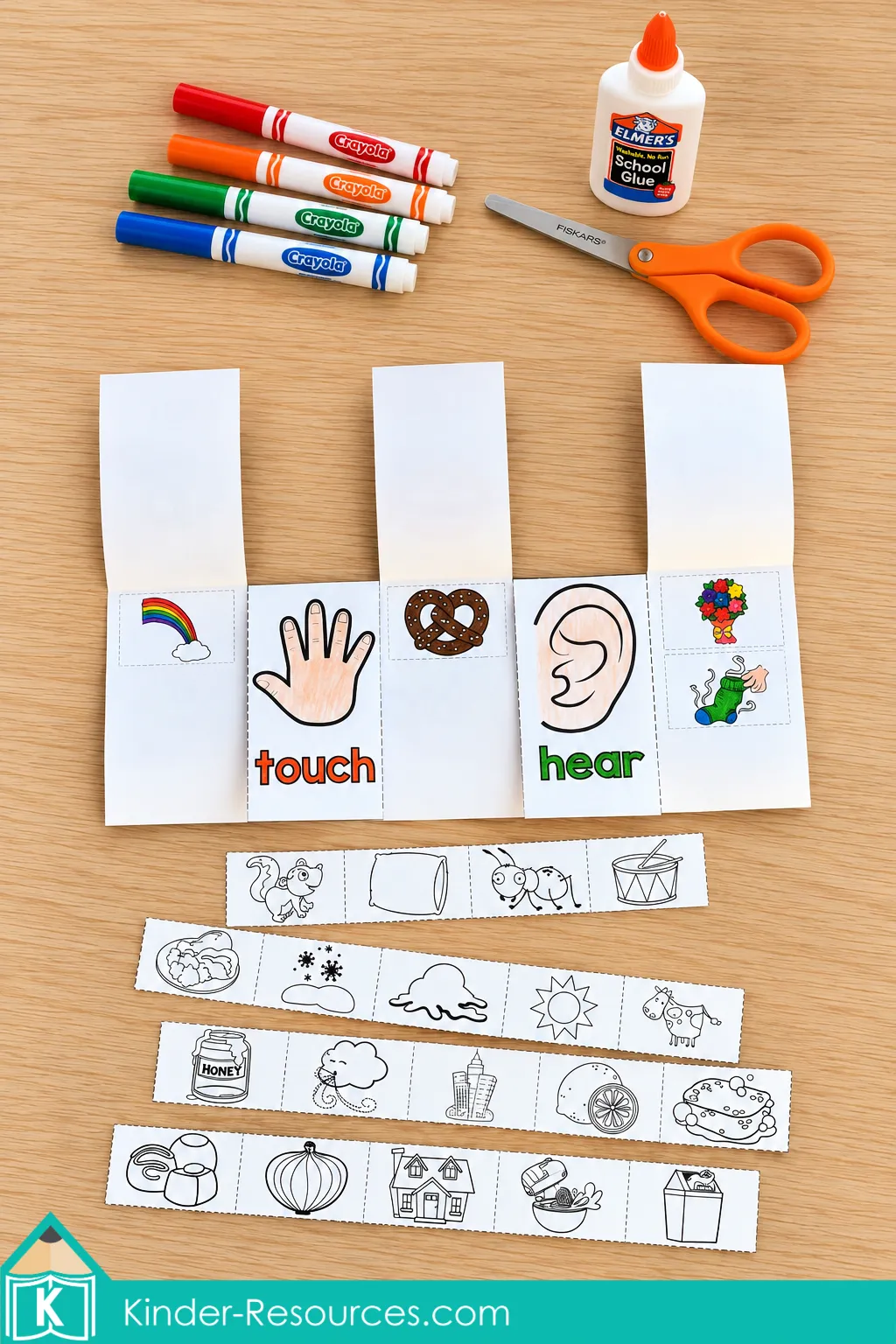 Cut-and-paste flap book from the 5 Senses Flip and Flap Book packet with picture cards sorted under touch and hear