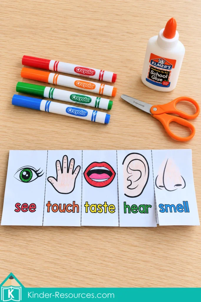 Scissors, glue, markers, and a five senses flap book ready for students to color and assemble