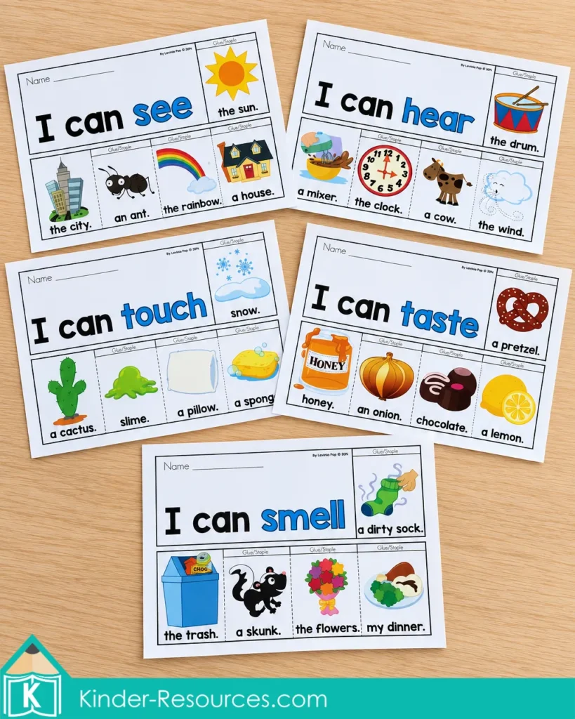 Color versions of the five senses flip books labeled I can see, I can hear, I can touch, I can taste, and I can smell