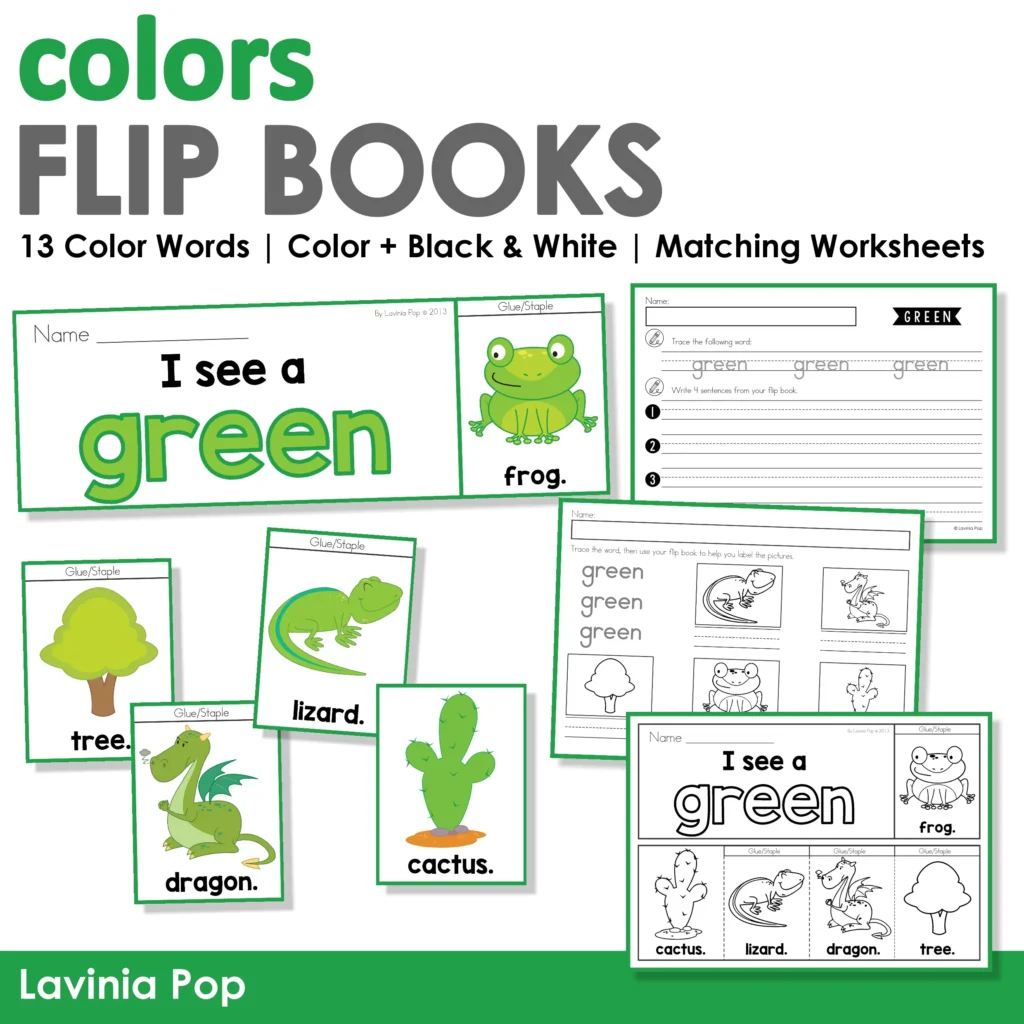 Colors Flip Book Emergent Readers with green sample pages and color word activities for early readers.