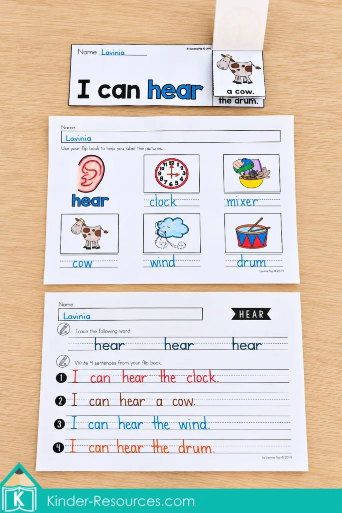 Printable hear flip book from the 5 Senses Flip and Flap Book packet showing step-by-step assembly with colorful pictures and writing page
