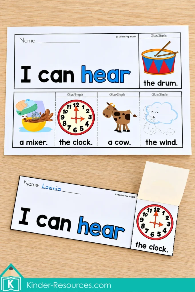 Printable hear flip book from the 5 Senses Flip and Flap Book packet showing step-by-step assembly with colorful pictures