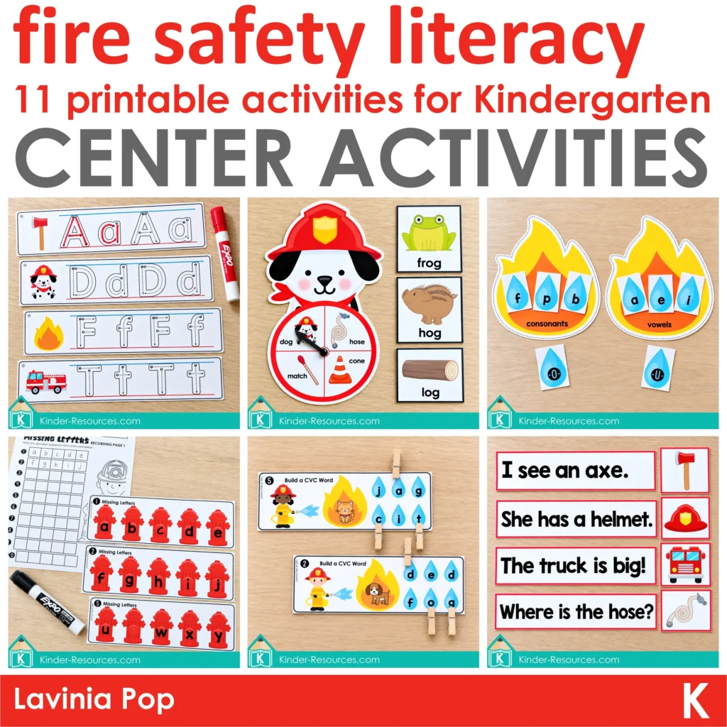 Fire Safety Center Activities for Preschool & Kindergarten | 11 printable literacy activities | fire fighter | community helper