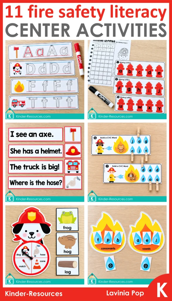 Fire Safety Center Activities for Preschool & Kindergarten | 11 printable literacy activities | fire fighter | community helper