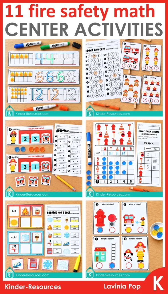 Cover for 11 fire safety math centers for kindergarten, showing number tracing, graphing, height comparison, sorting, counting, and addition.