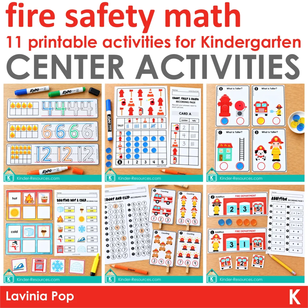 Cover for 11 fire safety math centers for kindergarten, showing number tracing, graphing, height comparison, sorting, counting, and addition.