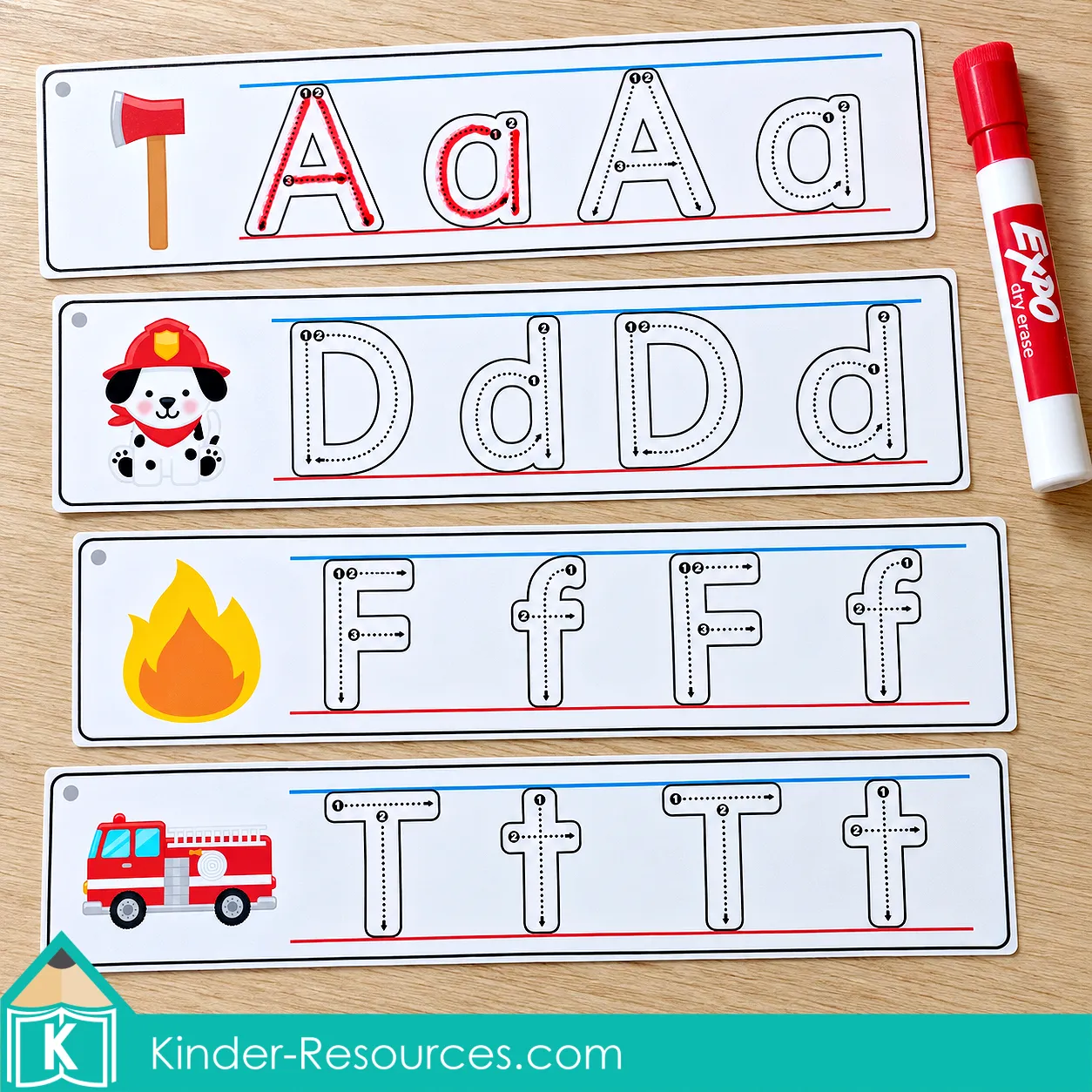 Fire safety alphabet tracing strips for kindergarten, with uppercase and lowercase A, D, F, and T and a dry-erase marker.
