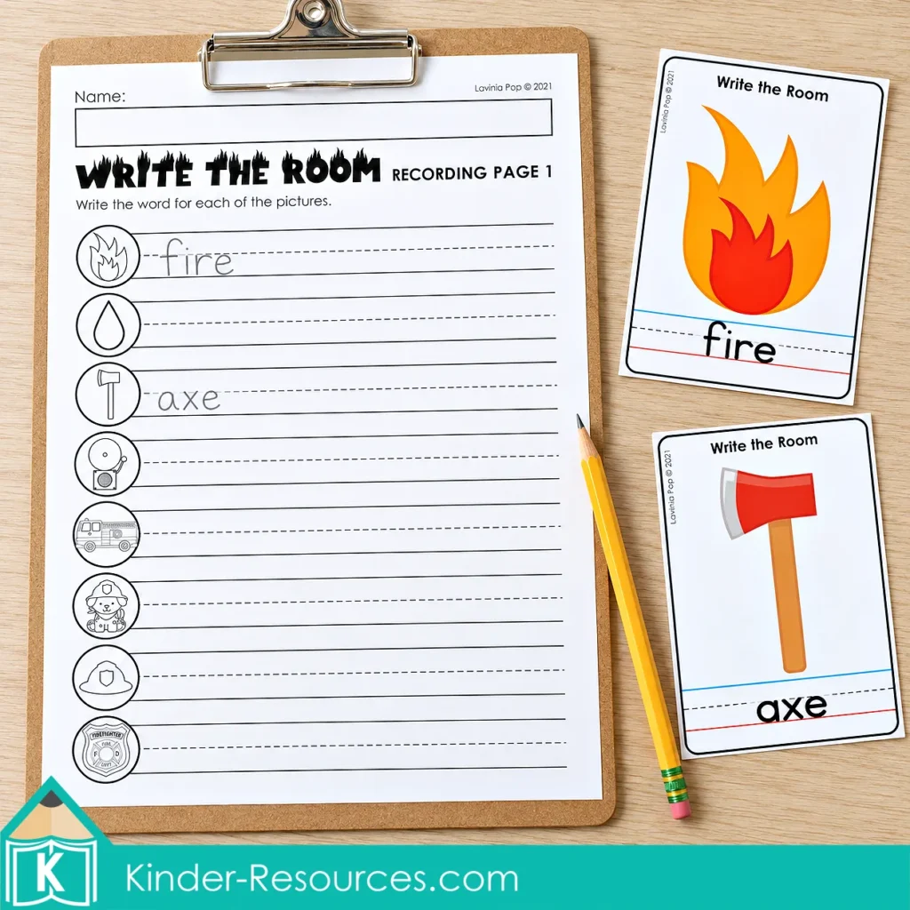 Fire safety Write the Room activity for kindergarten, with fire and axe vocabulary cards and a partially completed recording sheet.