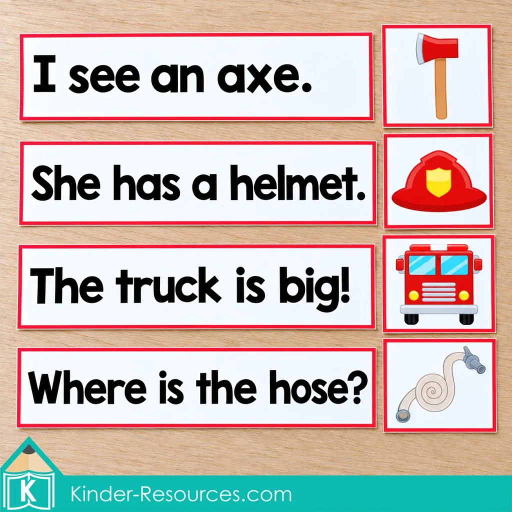 Kindergarten fire safety sentence matching activity with four sentence strips paired with axe, helmet, fire truck, and hose pictures.