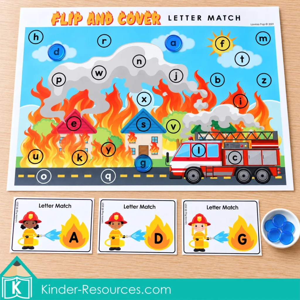 Kindergarten fire safety letter matching activity with uppercase letter cards, a lowercase alphabet mat, and blue counters.