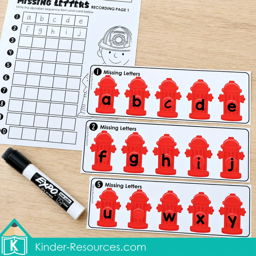 Fire hydrant alphabet sequence cards for kindergarten, with missing letters, a recording page, and a dry-erase marker.