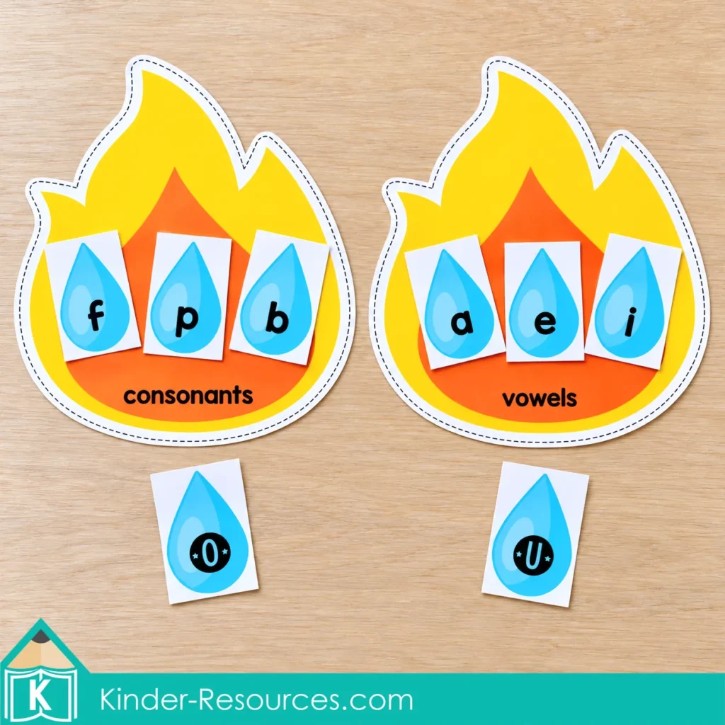 Kindergarten consonant and vowel sorting activity with blue water drop letter cards and two labeled flame-shaped mats.