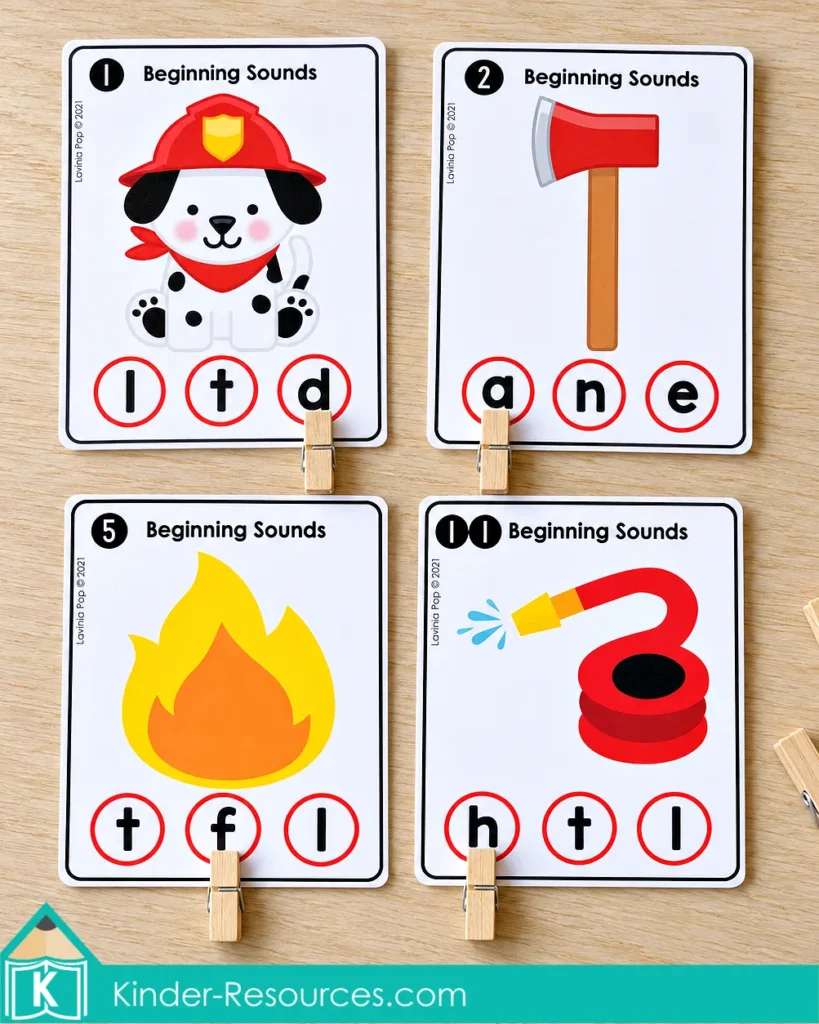 Fire safety beginning sound cards for kindergarten, with dog, axe, fire, and hose pictures and clothespins on matching letters.
