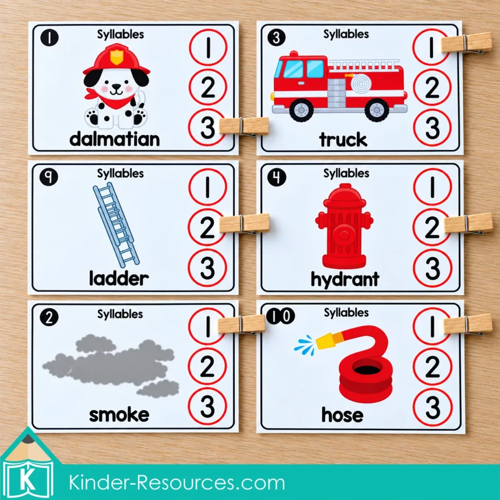 Fire safety syllable cards for kindergarten, with picture words and clothespins marking one, two, or three syllables.