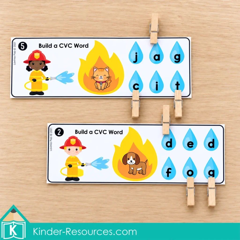 Firefighter CVC word cards for kindergarten, with cat and dog pictures and clothespins selecting the letters to spell each word.