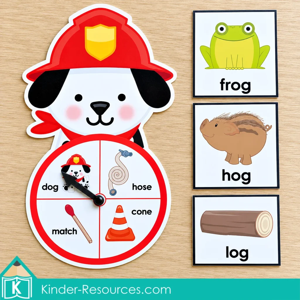 Kindergarten rhyming activity with a Dalmatian firefighter spinner and frog, hog, and log picture cards.