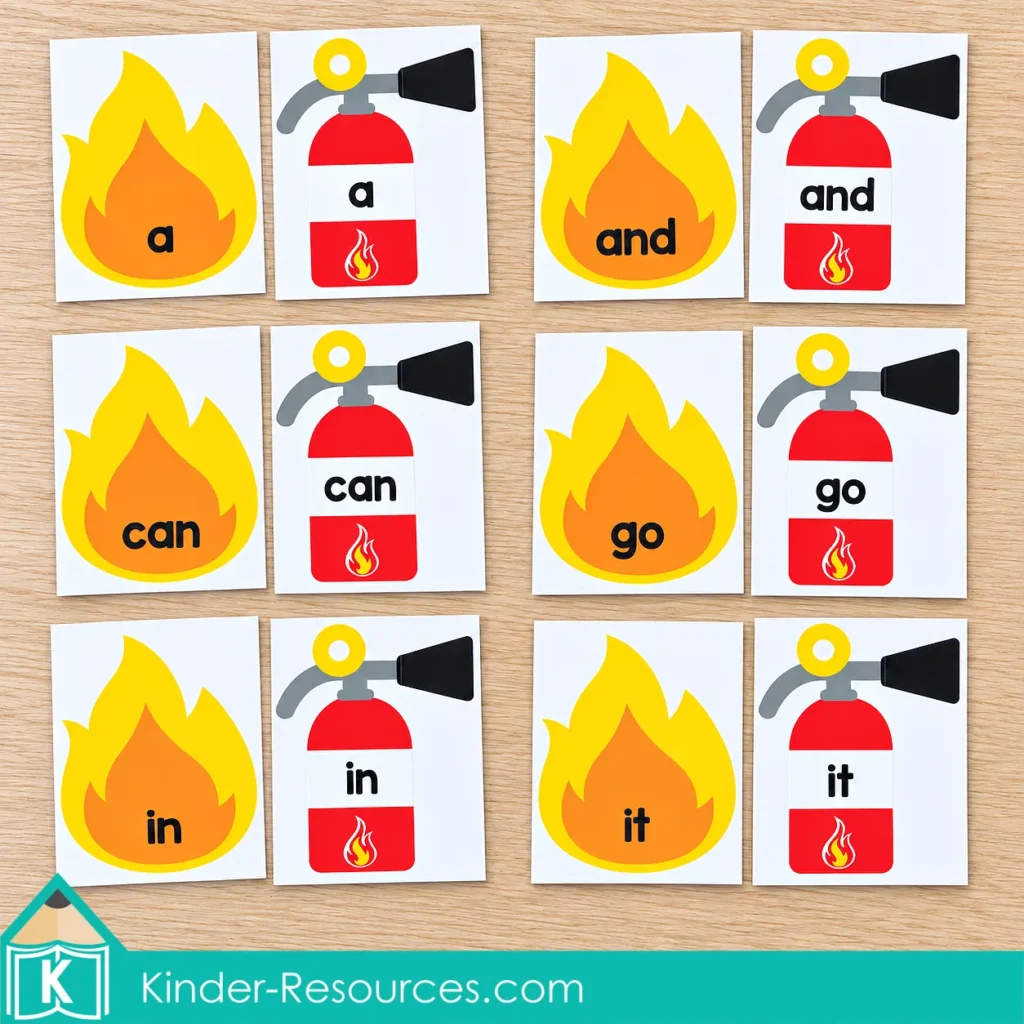 Fire and fire extinguisher cards for kindergarten sight word matching, with the words a, and, can, go, in, and it.