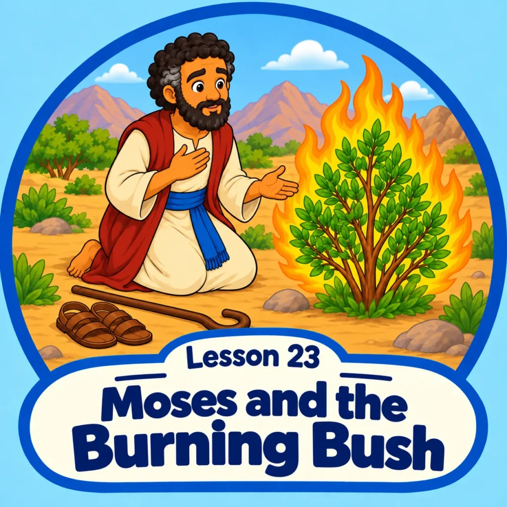 Moses and the Burning Bush preschool Bible lesson illustration showing Moses kneeling barefoot beside the flames, with his sandals and staff nearby.