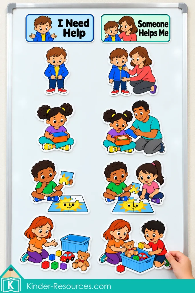 Preschool asking-for-help activity with picture pairs displayed under “I Need Help” and “Someone Helps Me” on a whiteboard.
