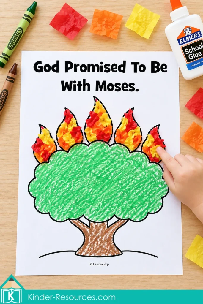 Burning bush craft for preschool with crayon coloring, tissue paper flames, and the words “God Promised To Be With Moses.”