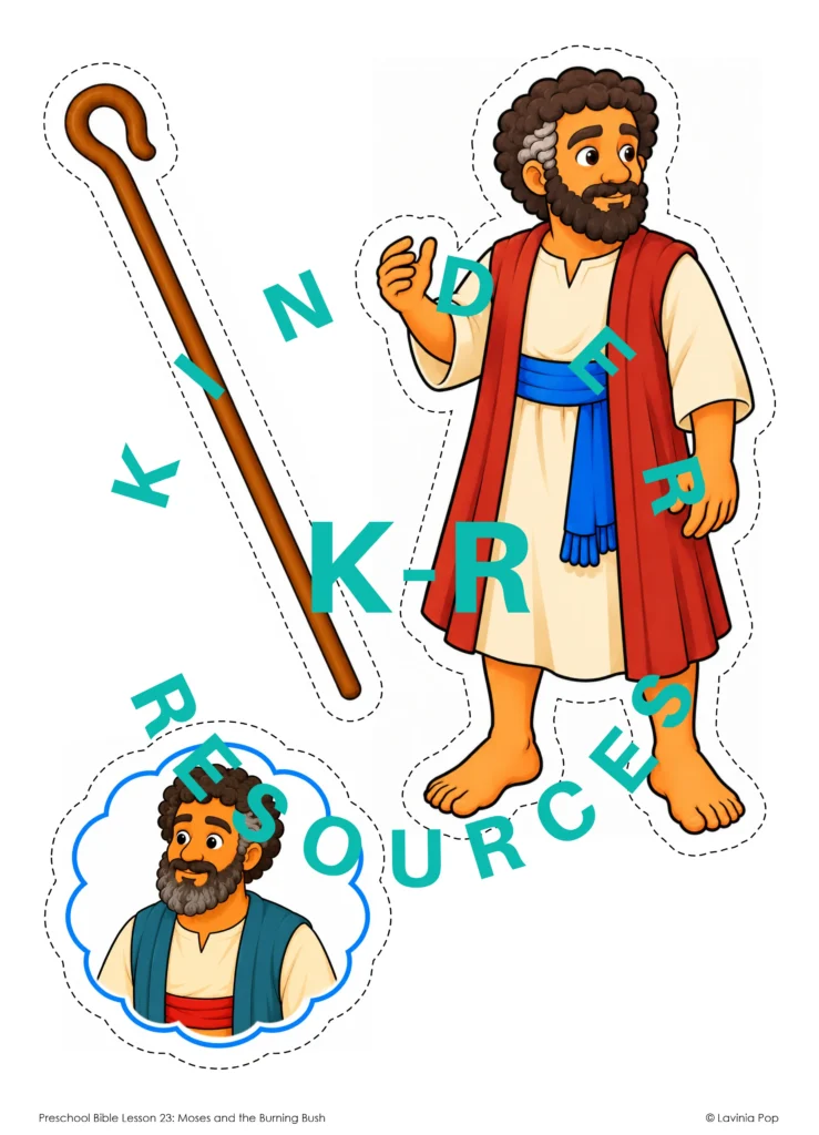 Printable Moses, shepherd’s staff, and Aaron picture props for retelling the burning bush Bible story with preschool children.