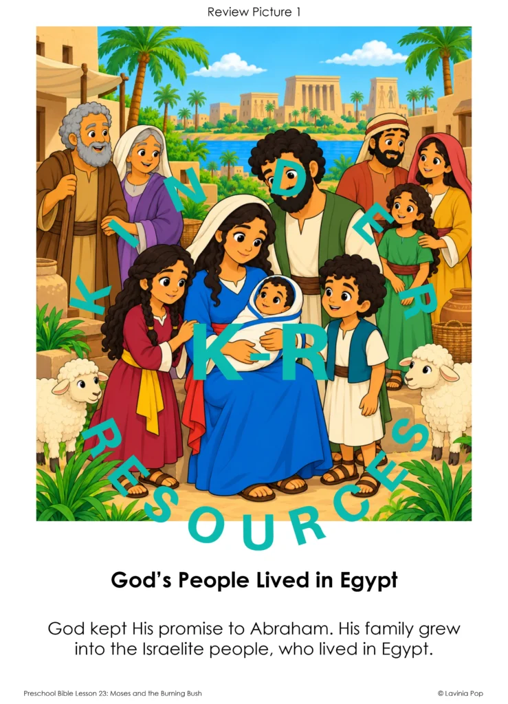 Preschool Bible review poster showing Israelite families in Egypt and explaining how God kept His promise of a big family to Abraham.