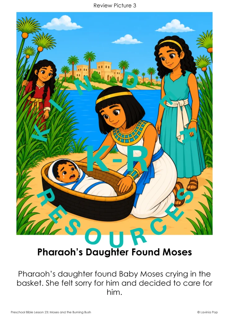 Preschool Bible review poster showing Pharaoh’s daughter finding baby Moses in a basket while Miriam watches from the reeds.