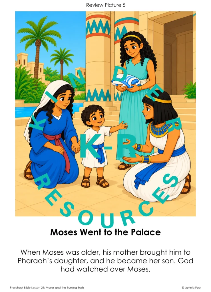 Preschool Bible review poster showing Moses’ mother bringing him to Pharaoh’s daughter at the palace.