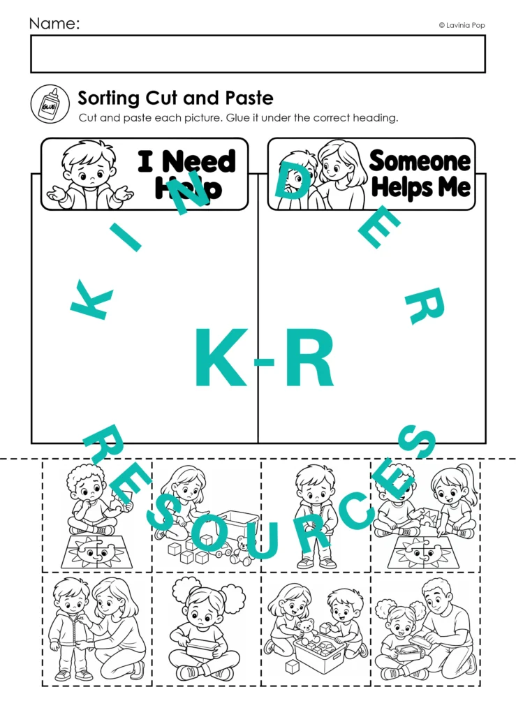 Preschool cut-and-paste worksheet with eight pictures to sort under “I Need Help” and “Someone Helps Me.”