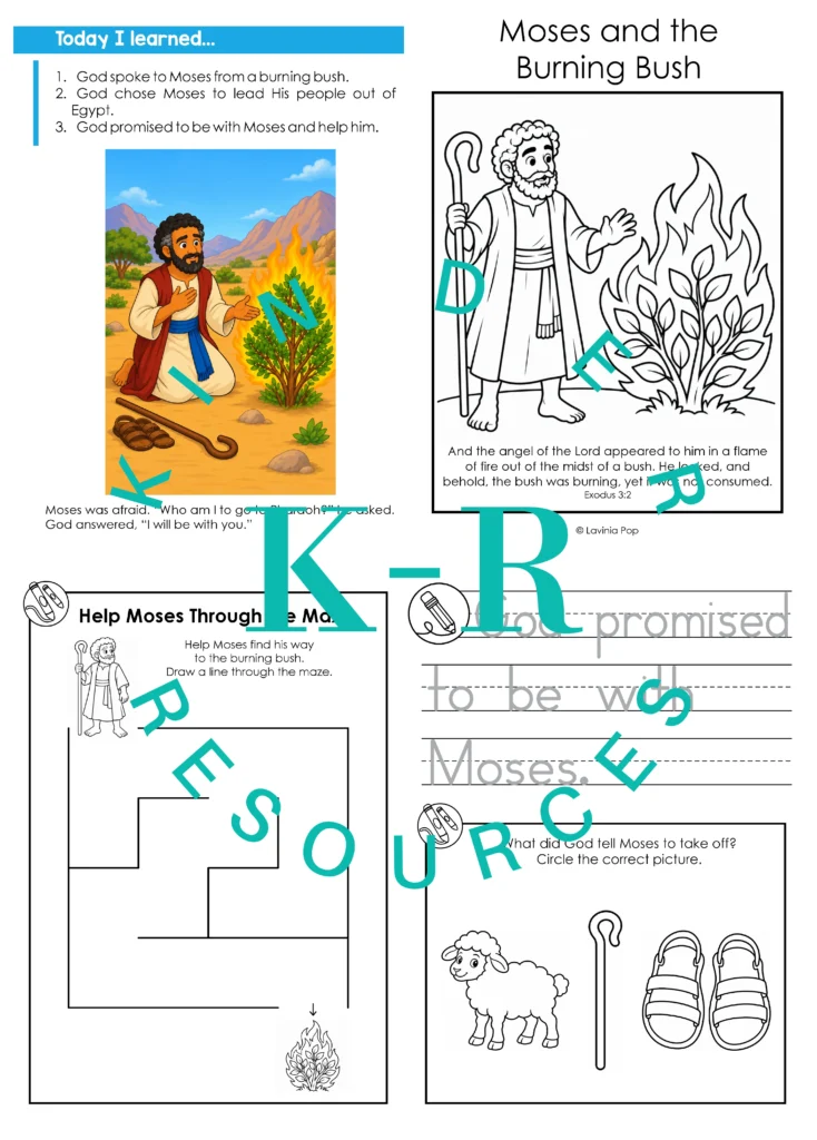 Moses and the Burning Bush preschool take-home booklet pages with a coloring cover, lesson recap, maze, sentence tracing, and picture question.