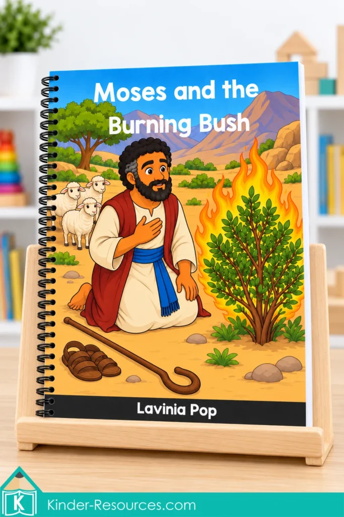 Moses and the Burning Bush preschool Bible storybook displayed on a wooden stand, with Moses kneeling beside the burning bush on the cover.