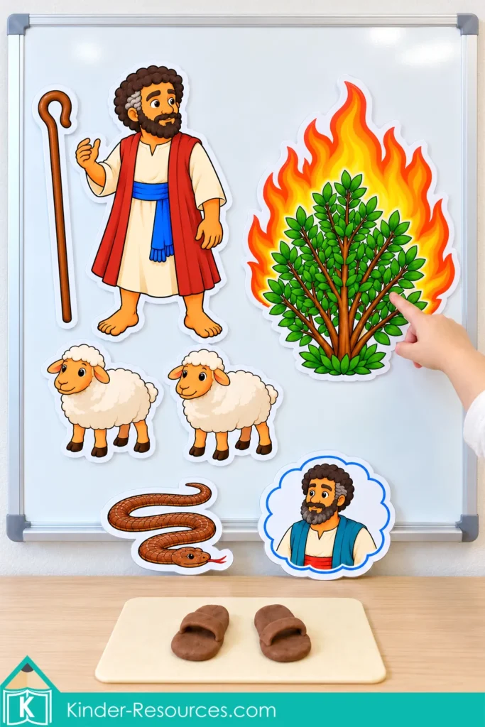 Moses and the Burning Bush preschool retelling props on a whiteboard, with sheep, a snake, Aaron, a staff, and play dough sandals below.
