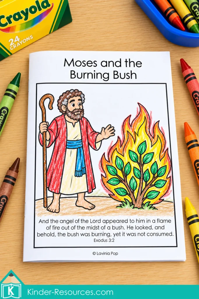 Moses and the Burning Bush preschool take-home booklet with a crayon-colored cover and Exodus 3:2, surrounded by crayons on a wooden table.