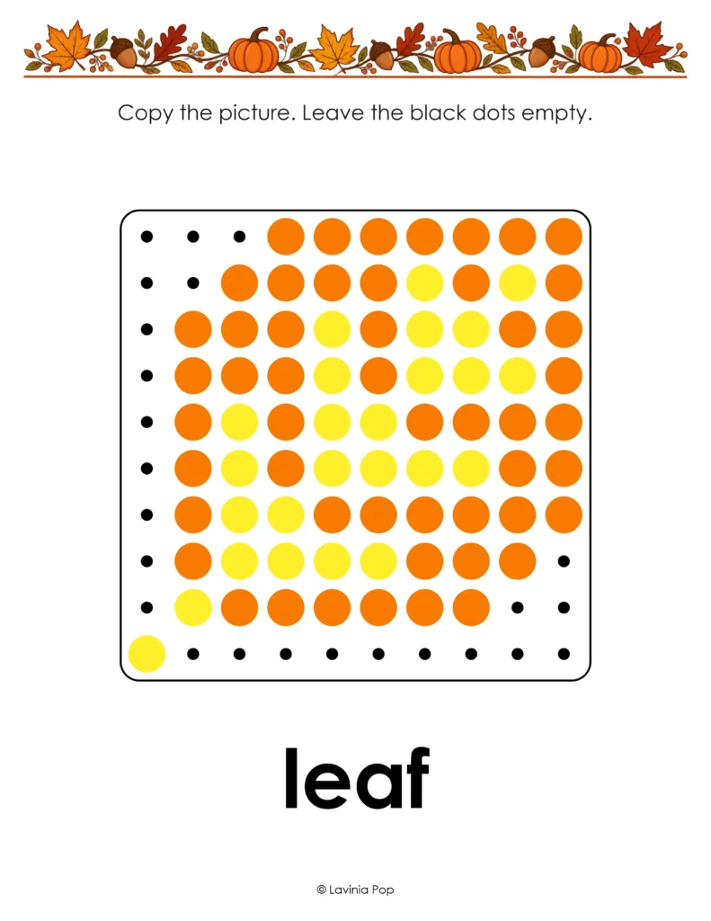 Free printable leaf pegboard pattern with orange and yellow circles on a dot grid and directions to copy the picture and leave the black dots empty.