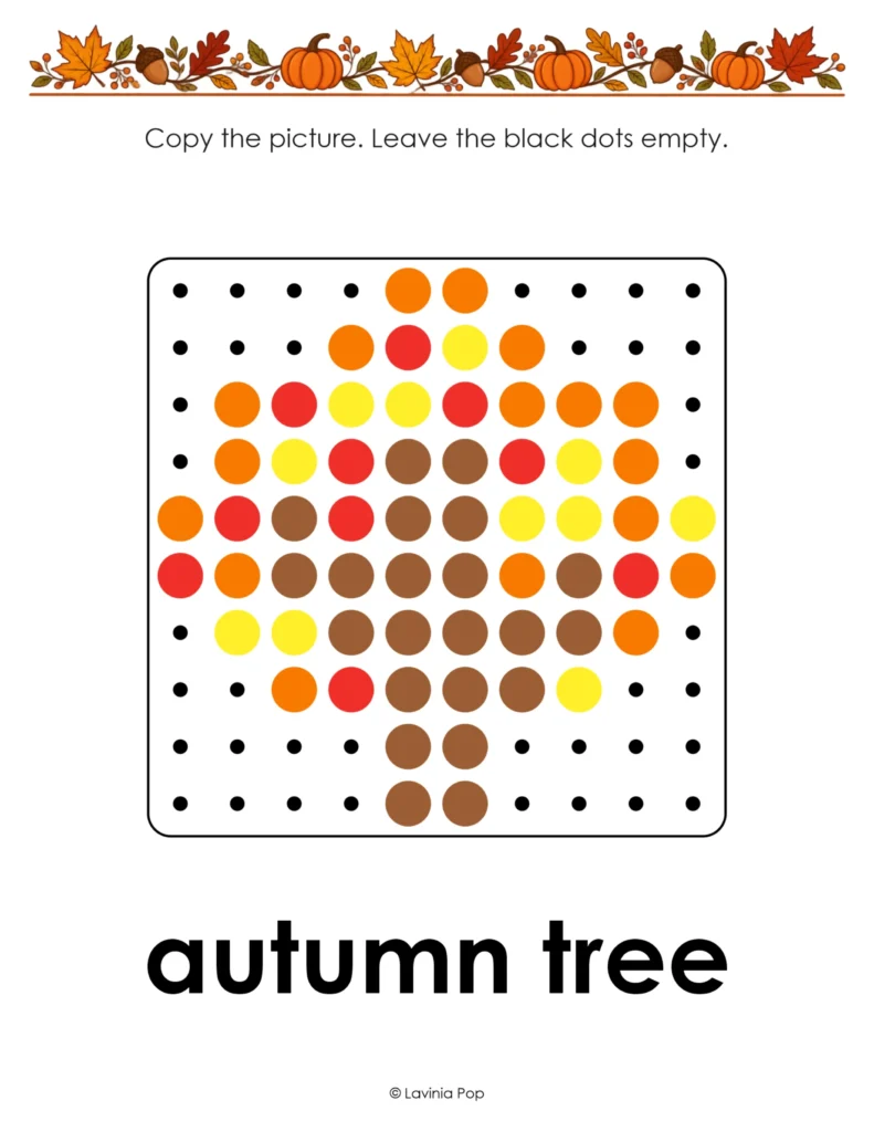 Printable autumn tree pegboard mat with orange, red, yellow, and brown circles on a dot grid and directions to leave the black dots empty.