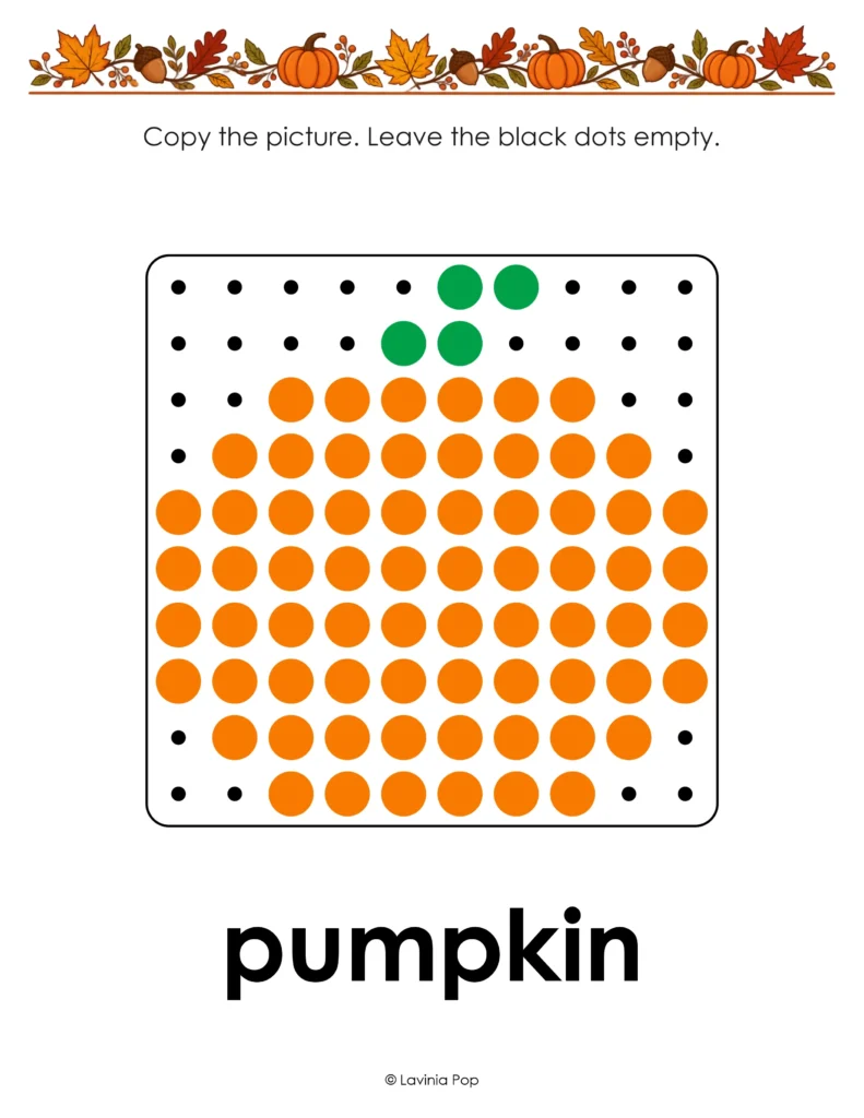 Printable pumpkin pegboard mat with orange circles and a green stem on a dot grid, labeled pumpkin beneath the pattern.