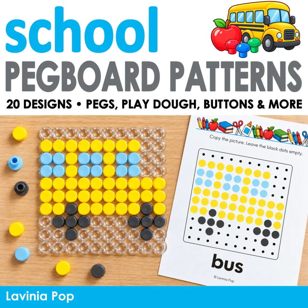 Back to school pegboard patterns with 20 designs for pegs, play dough, buttons, and more. A yellow school bus made with mosaic pegs sits beside its matching printable pattern. Preschool and kindergarten fine motor activities created by Lavinia Pop.