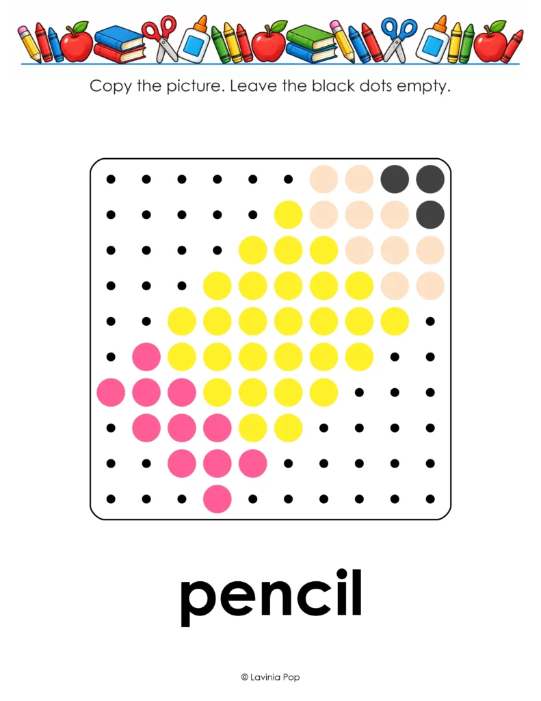 Free Back to school pegboard patterns pencil mat featuring a yellow pencil with a pink eraser, a word label, and picture-copying directions.