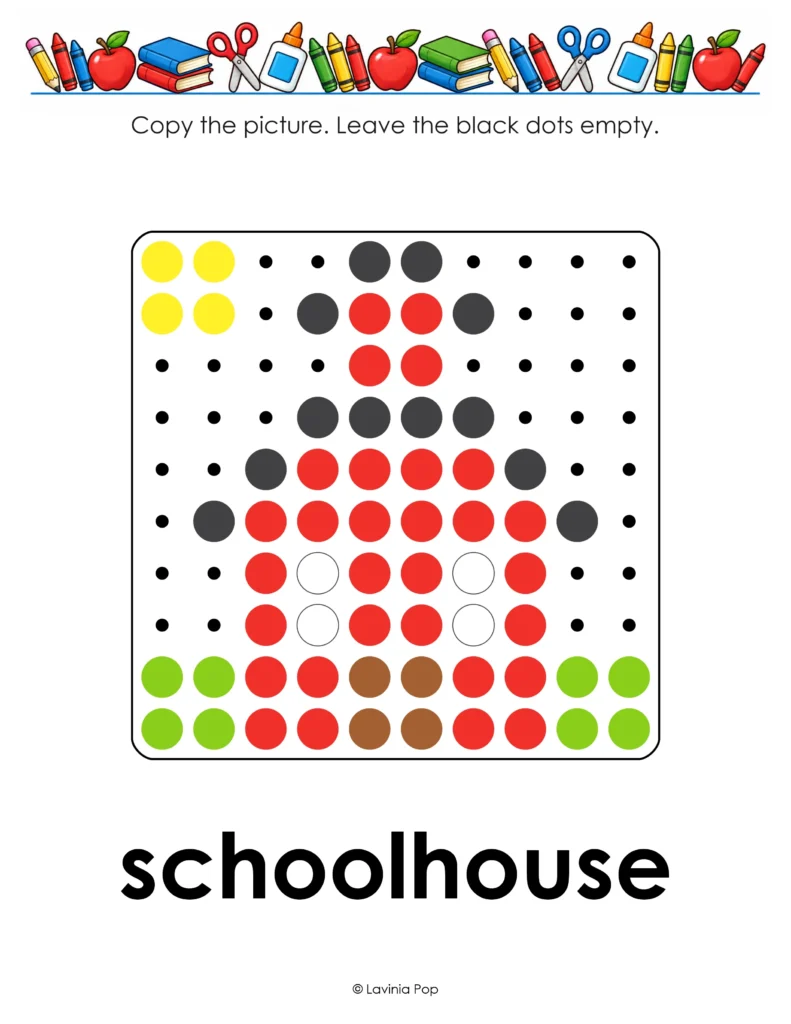 Back to school pegboard patterns schoolhouse mat with a red building, white windows, green bushes, and a yellow sun for fine motor practice.