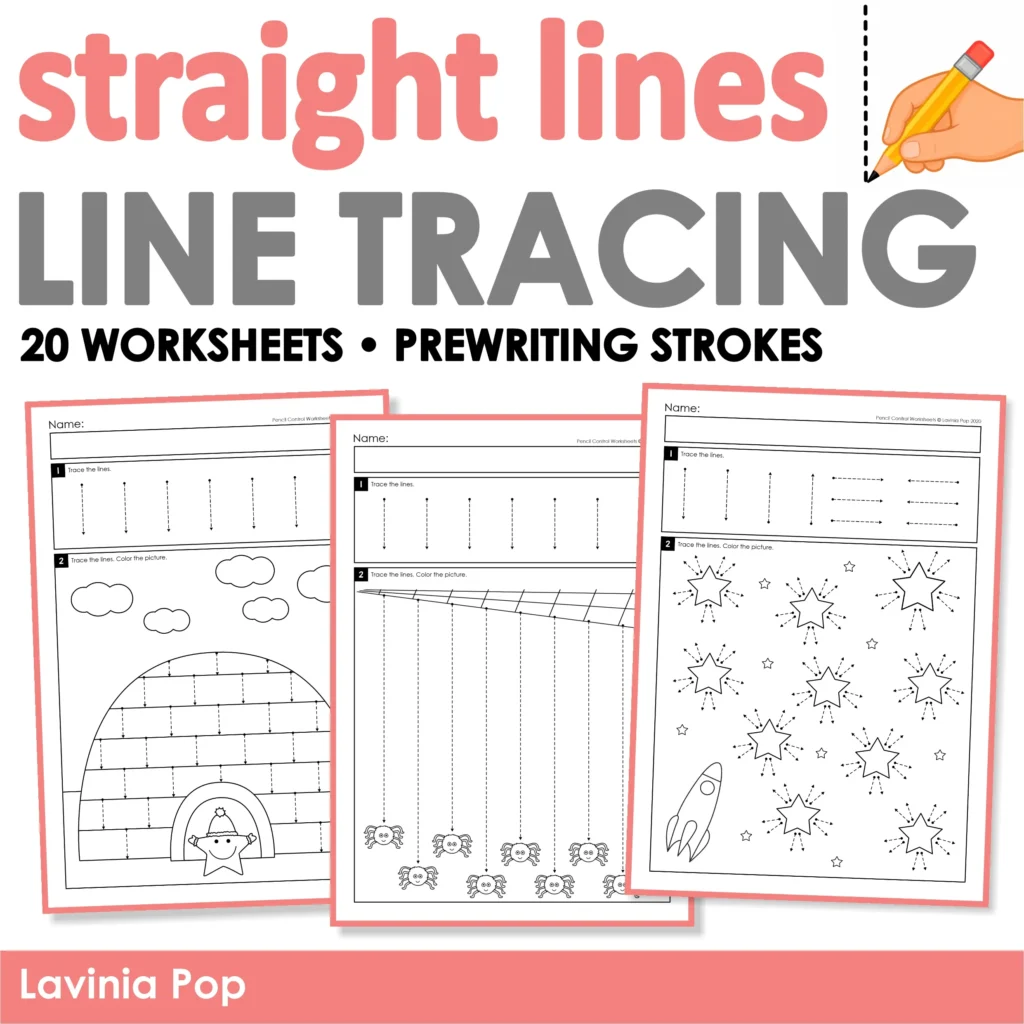 Cover of Straight Lines Line Tracing by Lavinia Pop, featuring 20 prewriting worksheets with igloo, spider, and star examples.