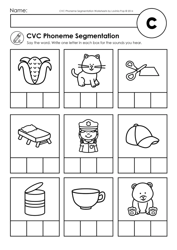 CVC phoneme segmentation worksheet with pictures of corn, cat, cap, cup, and bear for beginning sound practice