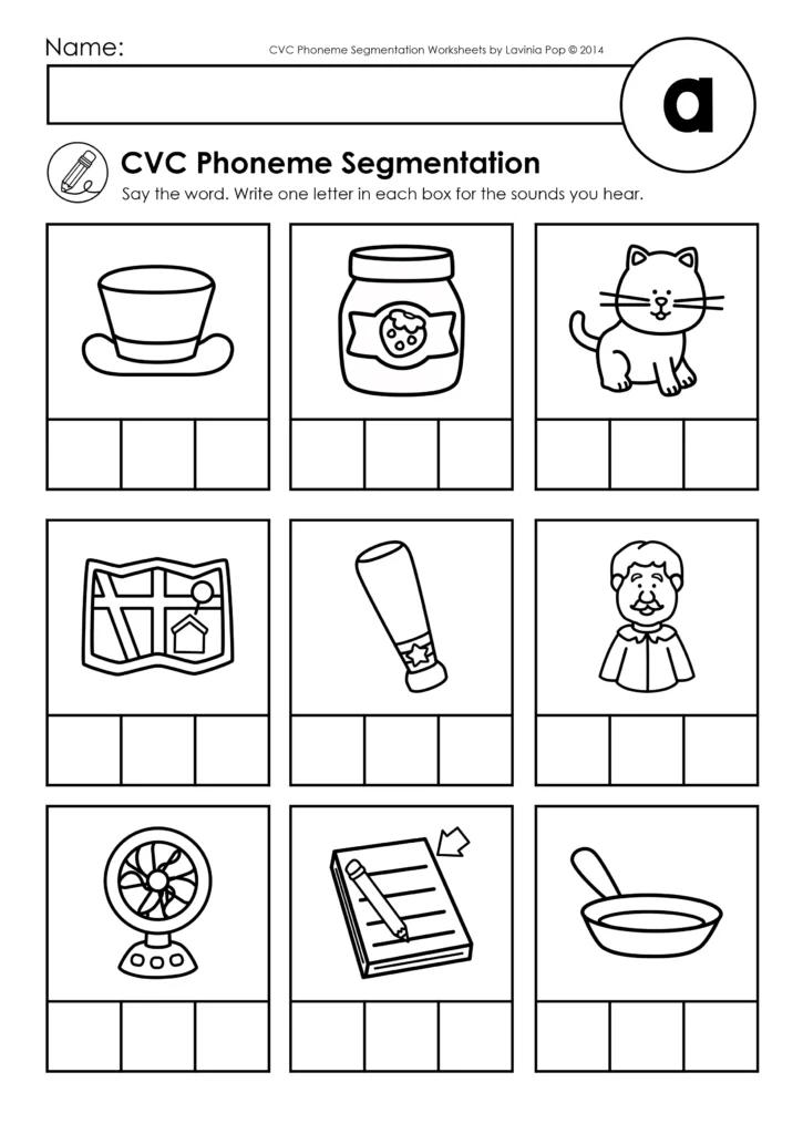 CVC phoneme segmentation worksheet with pictures of hat, jam, cat, map, fan, pad, and pan for middle vowel practice