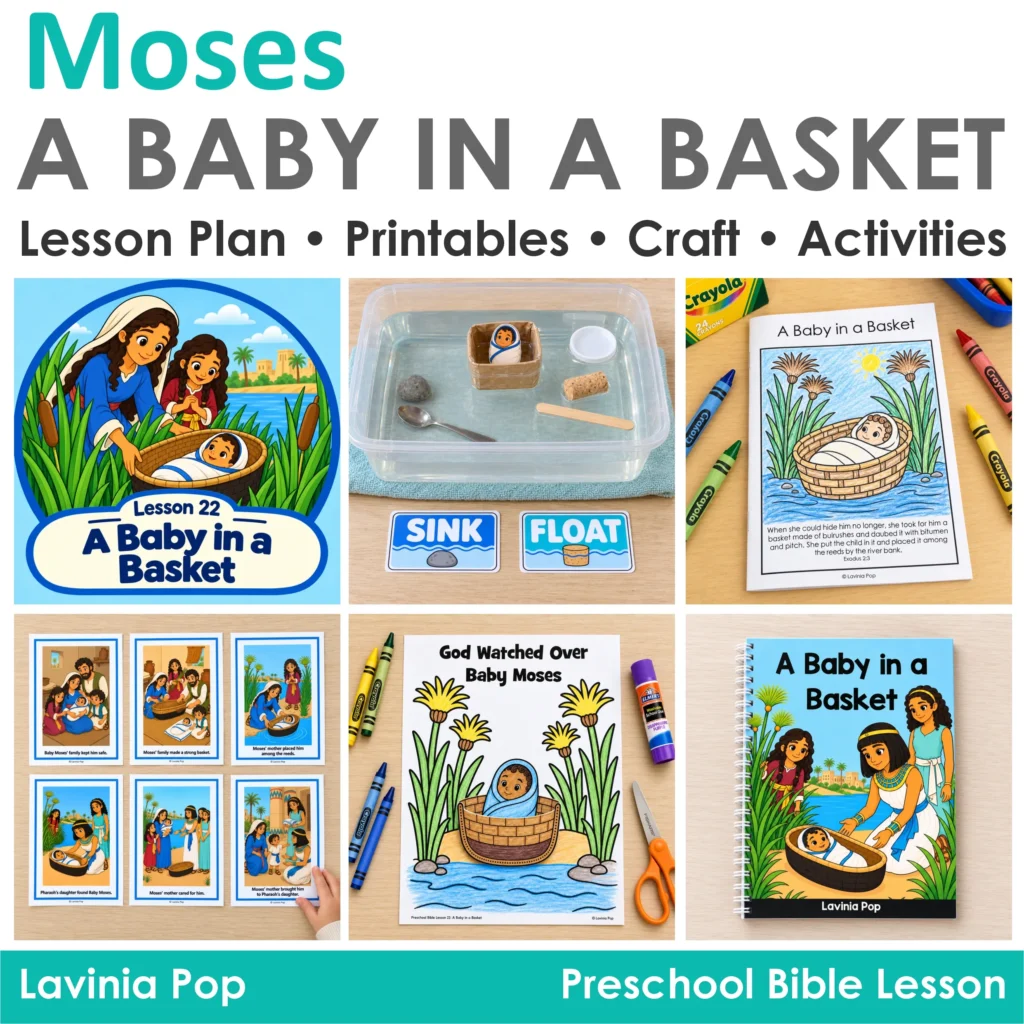 A Baby in a Basket Baby Moses preschool Bible lesson with printables, craft, science activity and retelling cards.