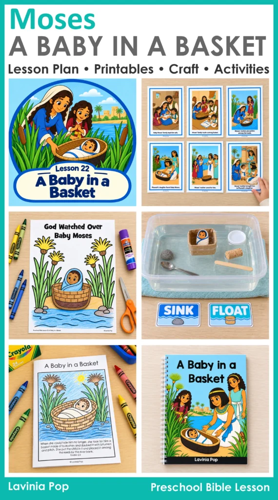 Baby Moses preschool Bible lesson featuring retelling cards, craft, science activity and booklet.