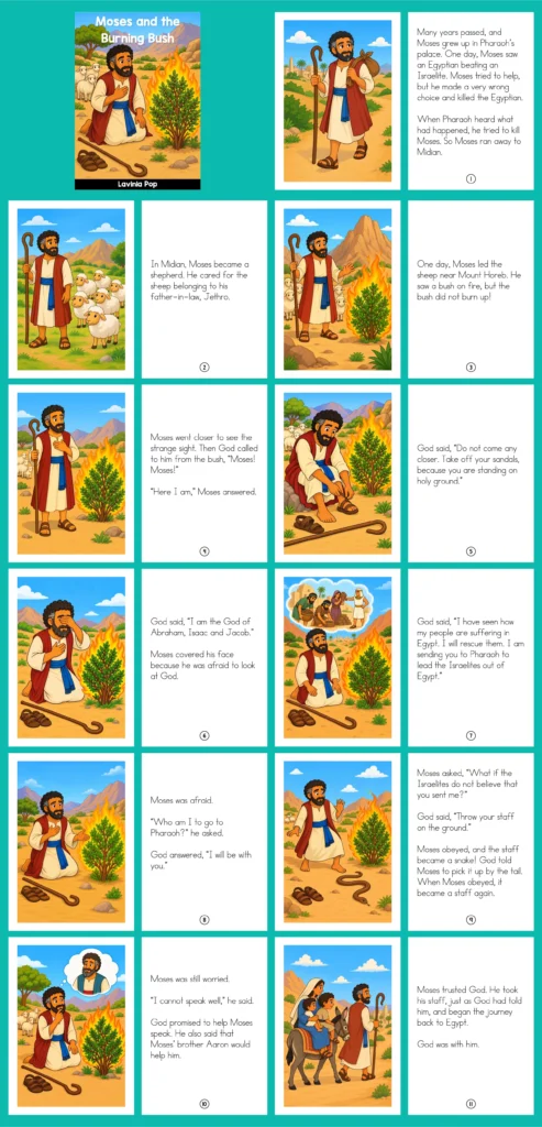 Moses and the Burning Bush preschool storybook overview showing the cover and illustrated story pages with accompanying read-aloud text.