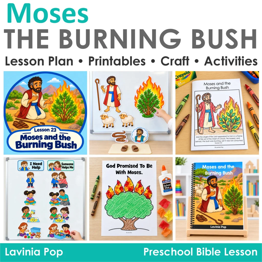 Moses and the Burning Bush preschool Bible lesson collage featuring a storybook, retelling props, tissue paper craft, helping activity, and take-home booklet.