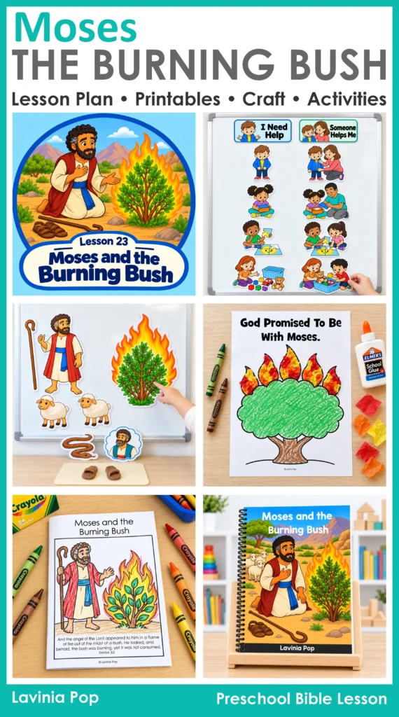 Moses and the Burning Bush preschool Bible lesson collage featuring a storybook, retelling props, tissue paper craft, helping activity, and take-home booklet.